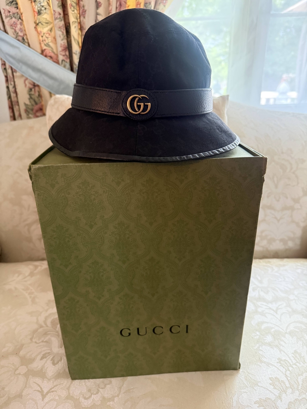Authentic Gucci Black Bucket Hat with Gold GG Emblem